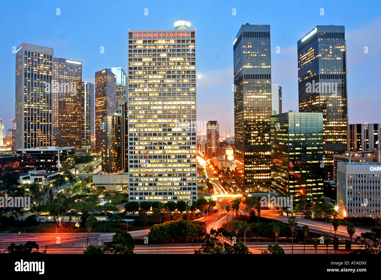 Downtown Los Angeles Skyline at Night with Full Moon Rise Stock Photo ...