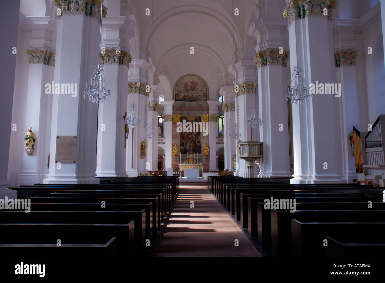 Interior view of the Jesuit Church in Heidelberg, Germany as viewed