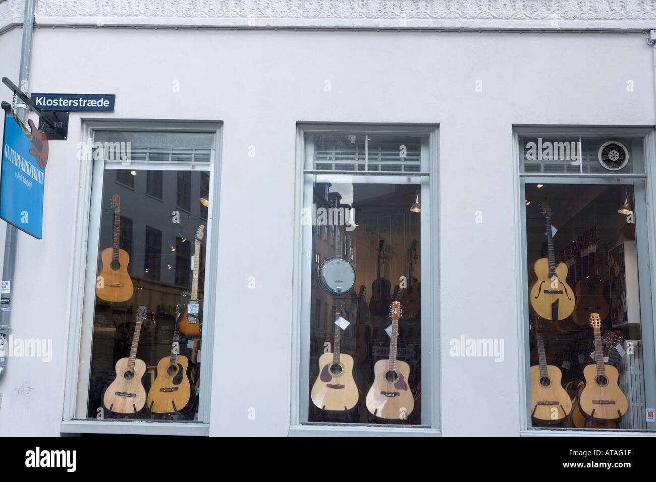 Copenhagen Denmark Guitars in shop window Stock Photo