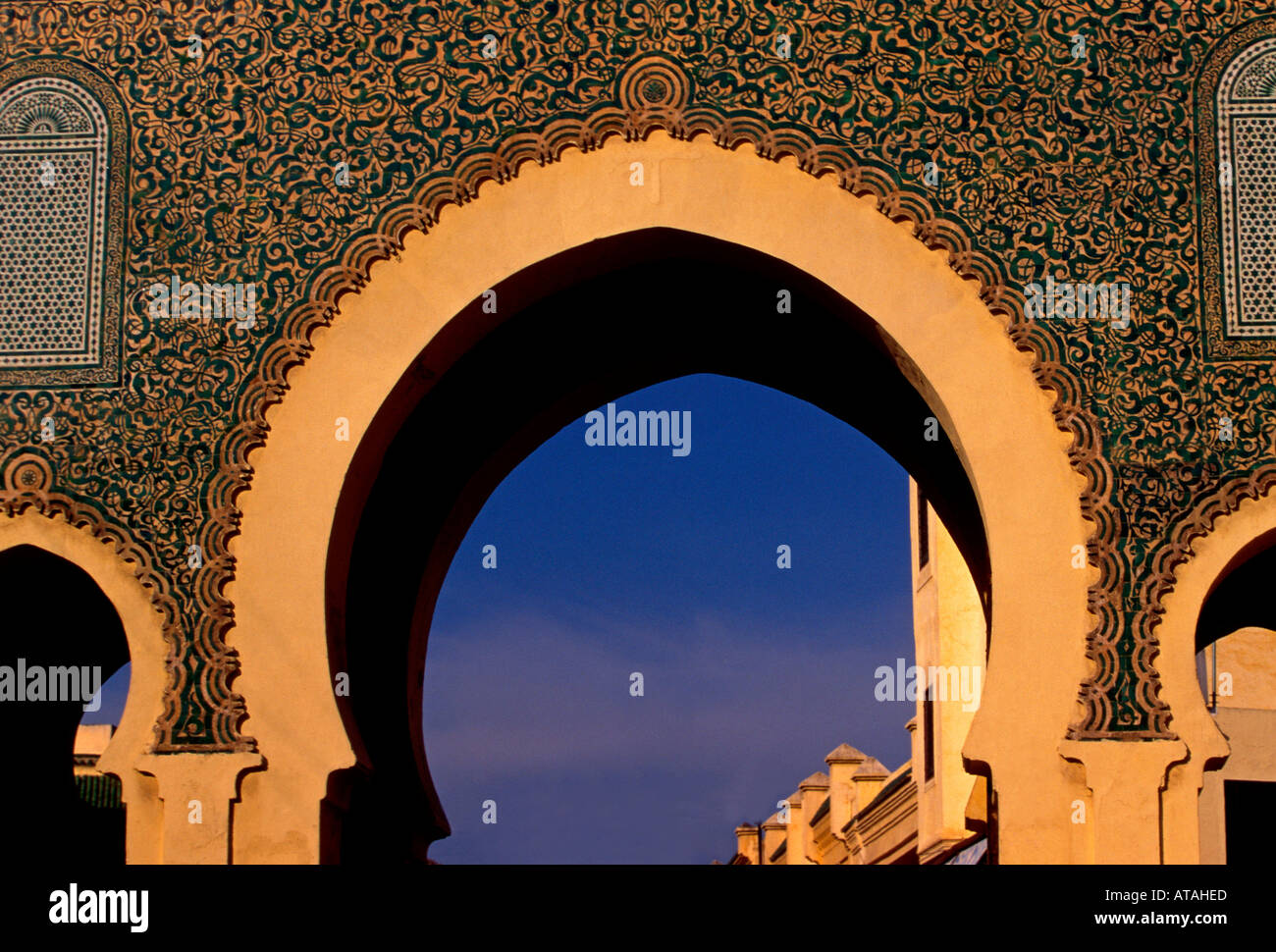 Bab Bou Jeloud, main entrance, gateway, horseshoe arch, keyhole arch, medina, Fes el-Bali, city of Fez, Fez, Morocco, North Africa, Africa Stock Photo
