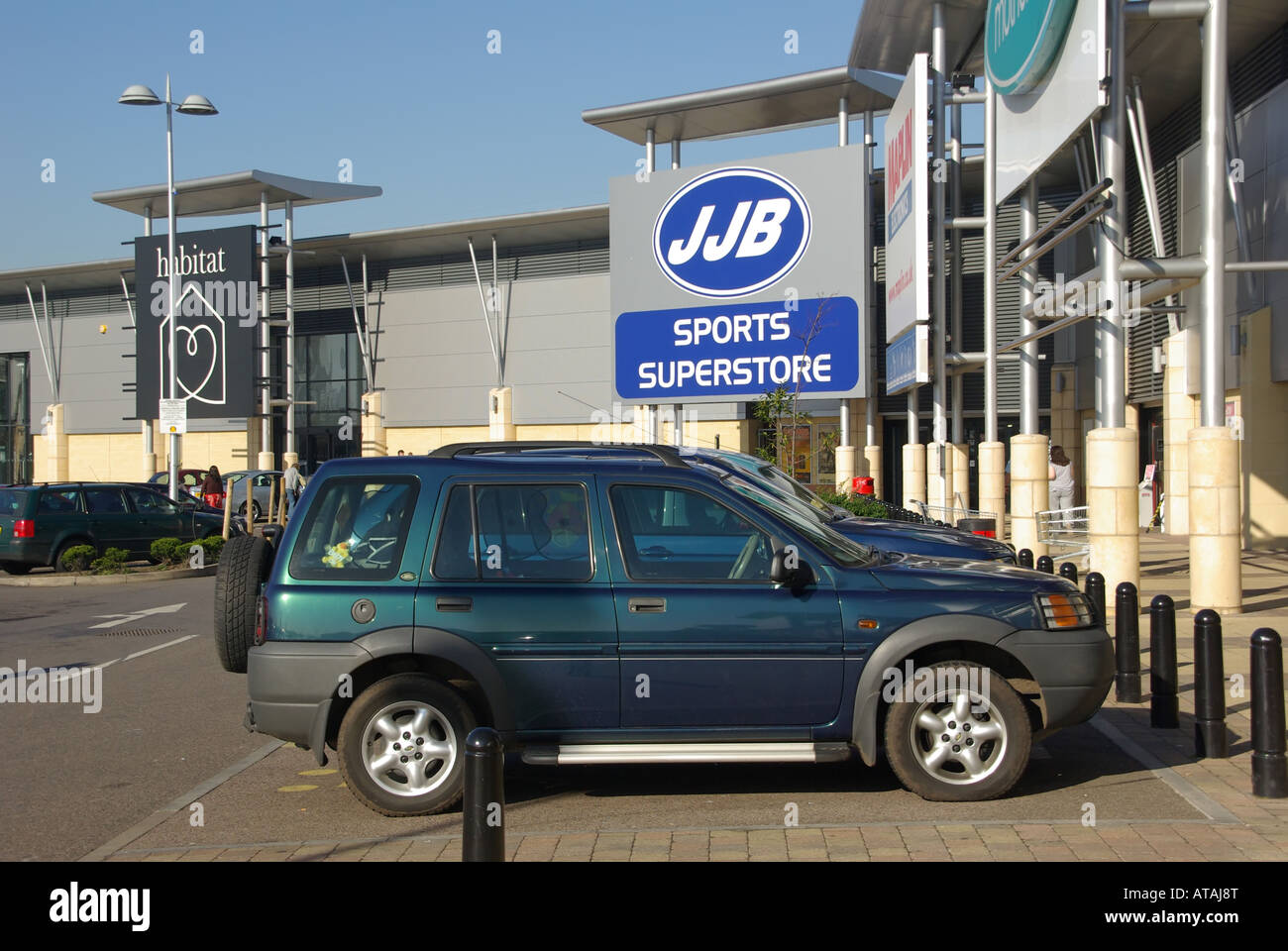 Lakeside out of town retail shopping complex Habitat and JJB Sport store sign and entrance