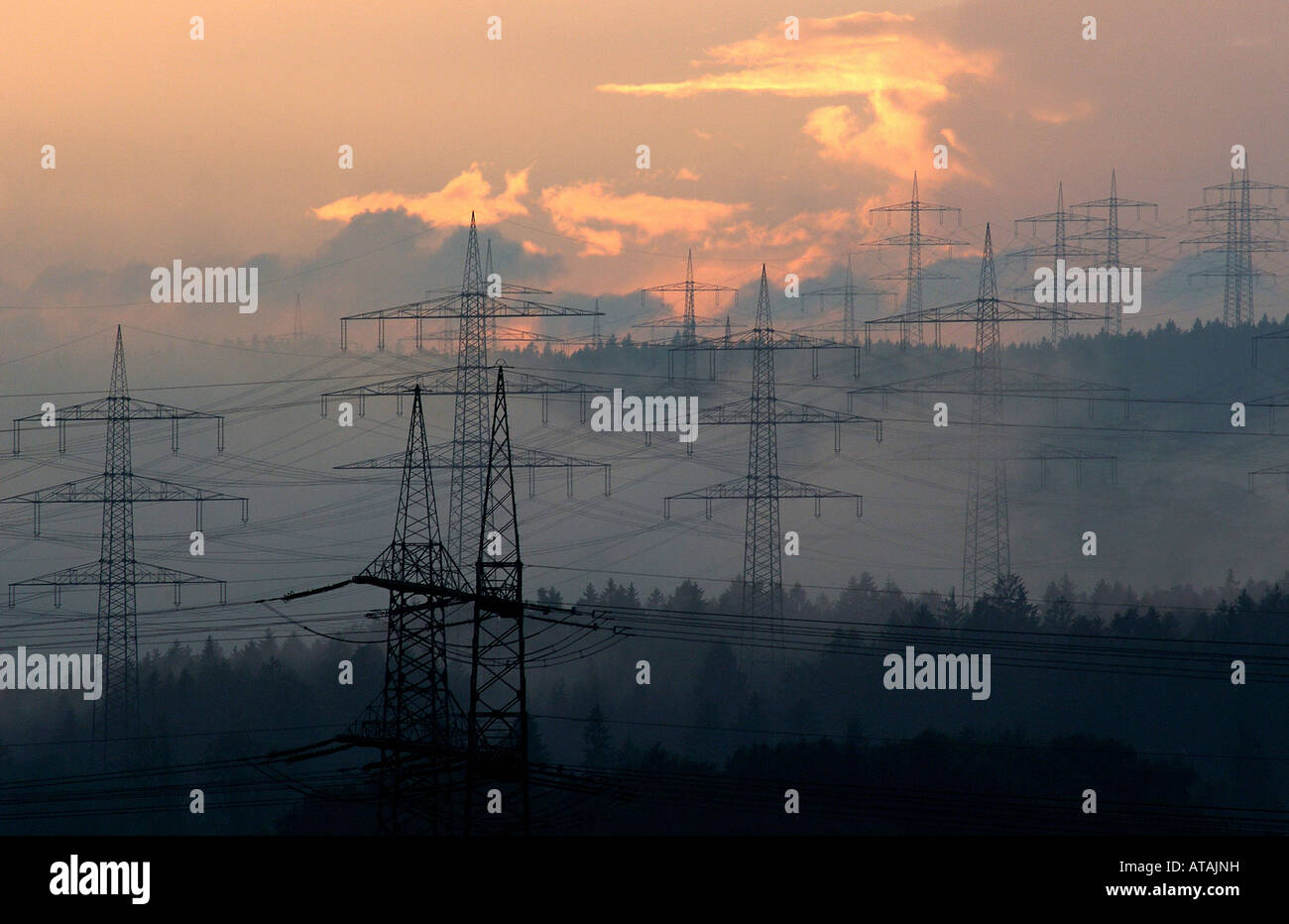 High voltage transmission lines, Leibstadt, Switzerland Stock Photo