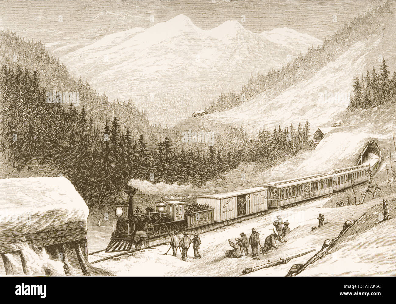 Steam train carrying US mail across Sierra Nevada in 1870's. Stock Photo