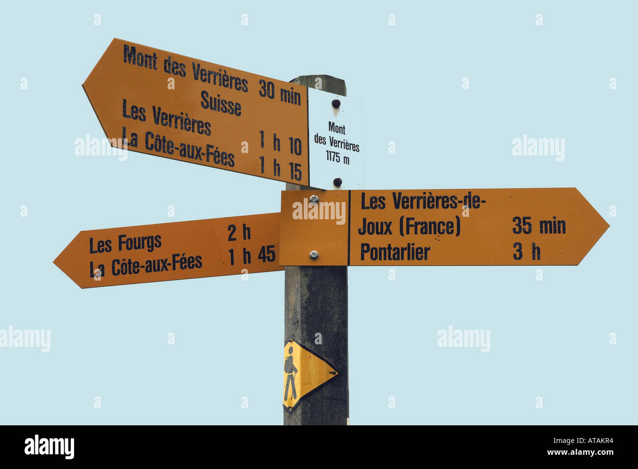 High in France's Jura massif a signpost provides walking times for hikers for distances including to nearby Switzerland Stock Photo