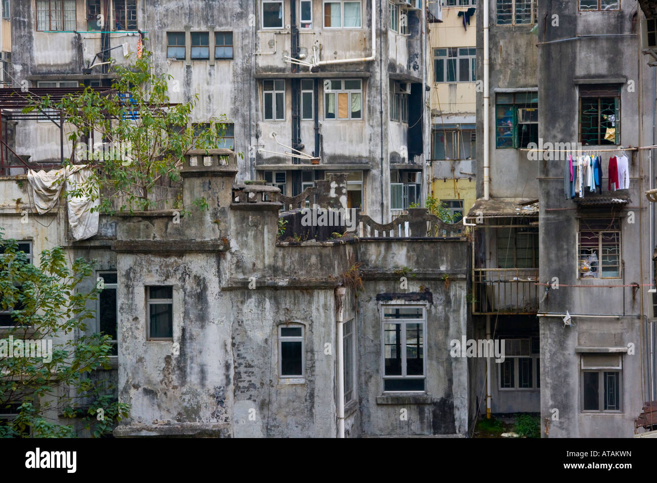 Old Tenement Apartment Buildings in Central Hong Kong Stock Photo