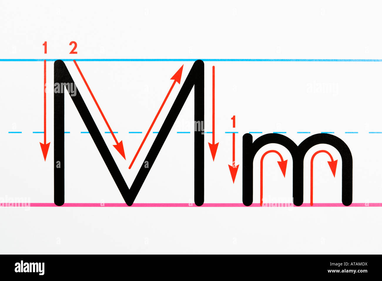 Close up of letter M handwriting practice page Stock Photo - Alamy