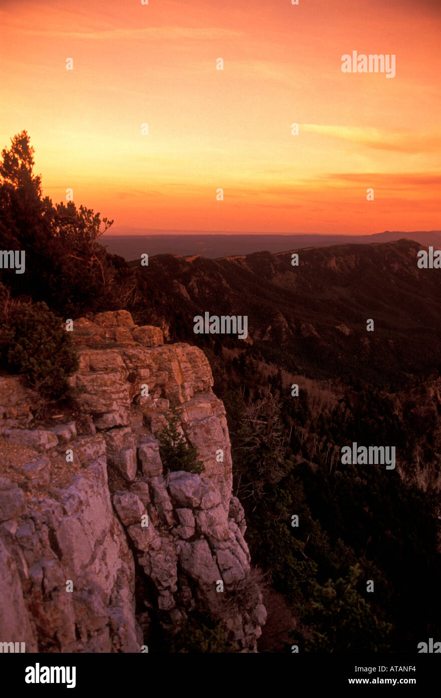 sunset, granite rock face, Sandia Mountains, mountain range, mountains, Albuquerque, Bernalillo County, New Mexico, United States, North America Stock Photo