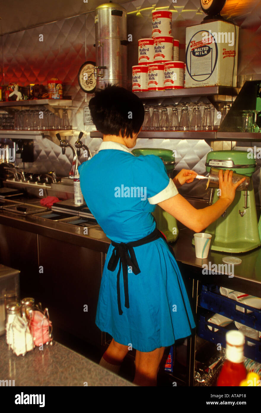 waitress, milkshake, Route 66 Diner, Albuquerque, Bernalillo County, New Mexico, United States, North America Stock Photo