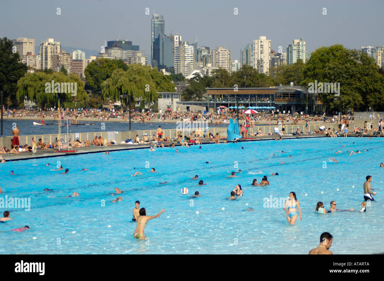 Kitsilano Pool Canada's longest swimming pool at 137 metres is backdropped by downtown Vancouver BC Canada Stock Photo