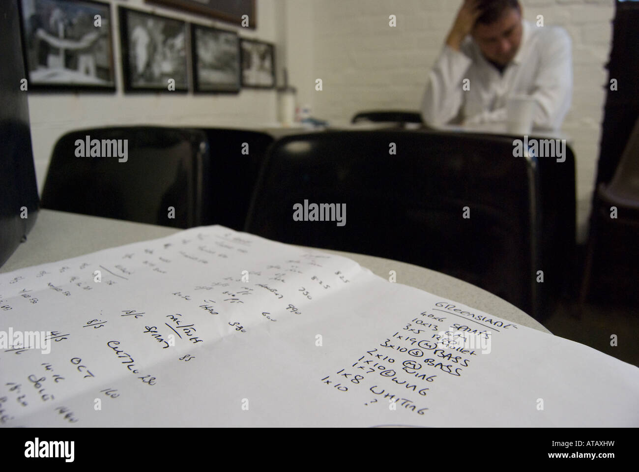 Fish list, a description of fish sales, Billingsgate Market, London. Stock Photo