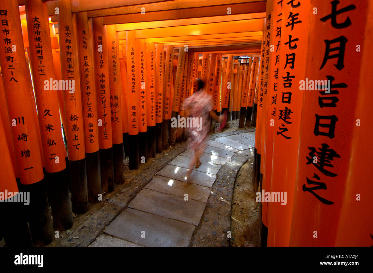 A woman walks along a path lined with Torii gates Fushimi Inari Shrine ...