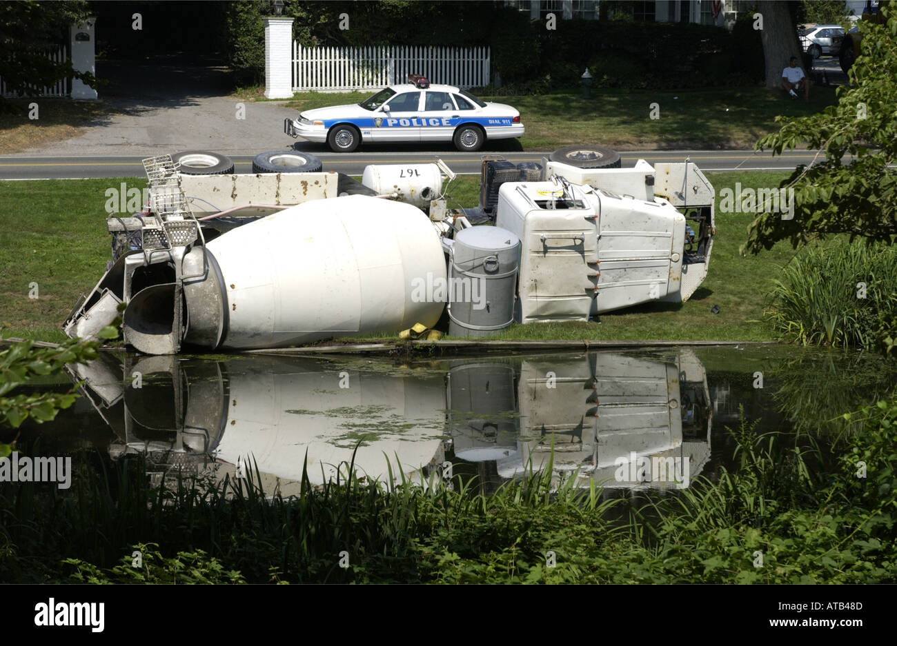 East Hampton NY 8 8 01 Cement truck accident at Town Pond in East
