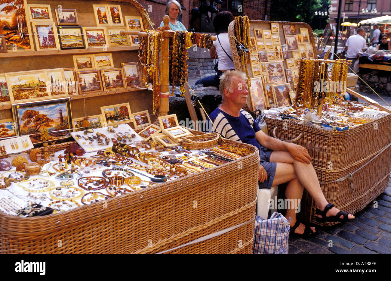 Stall selling Amber stone jewelleries Riga old Town Latvia Stock Photo