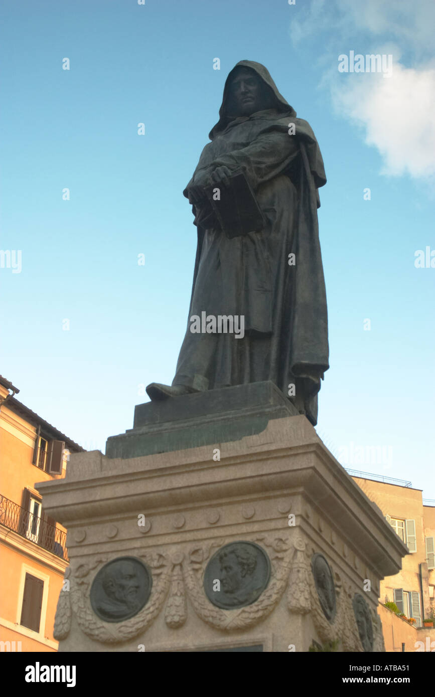 Statue of Giordano Bruno in Campo de Fiori field of flowers Rome Stock
