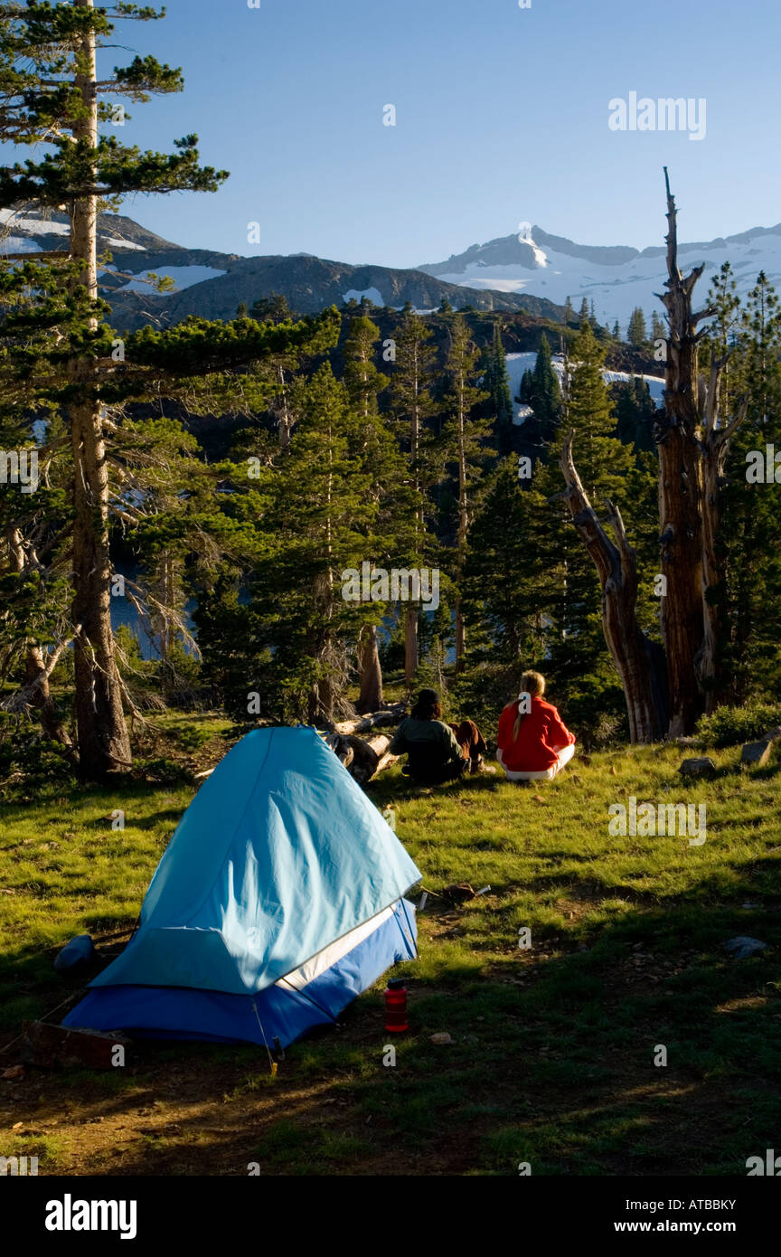 Women backpackers tent camping near Suzie Lake Desolation Wilderness El