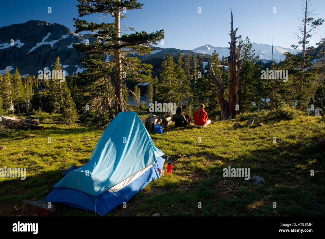 Women backpackers tent camping near Suzie Lake Desolation Wilderness El