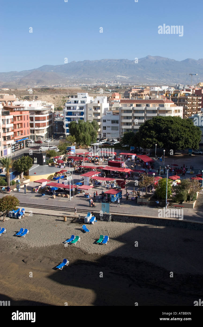 View of a market and Mount Teide from the roof of a hotel, El Medano