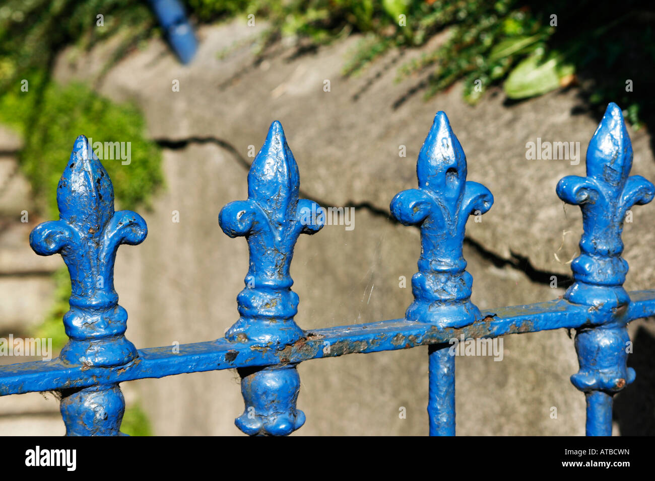 Blue railings on a front gate entrance to garden Stock Photo