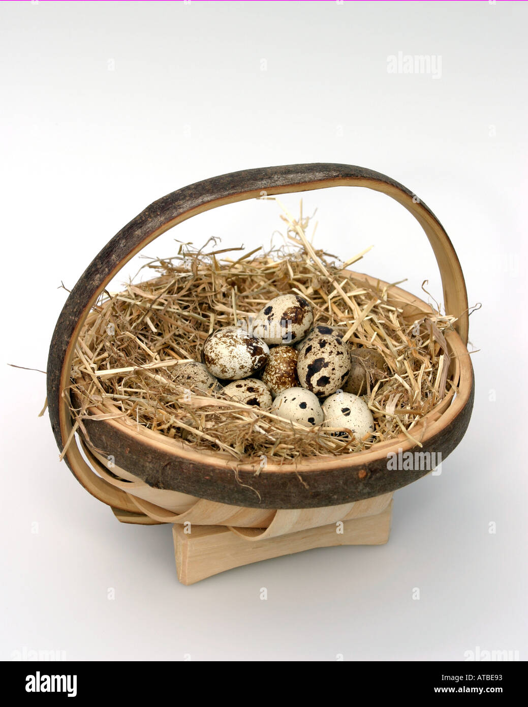 Country living. Celebrations with a hay lined trug, full of fresh quail eggs Stock Photo