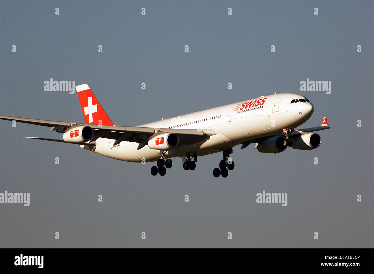 A Swiss Air Lines plane landing at the airport in Zurich, Switzerland Stock Photo