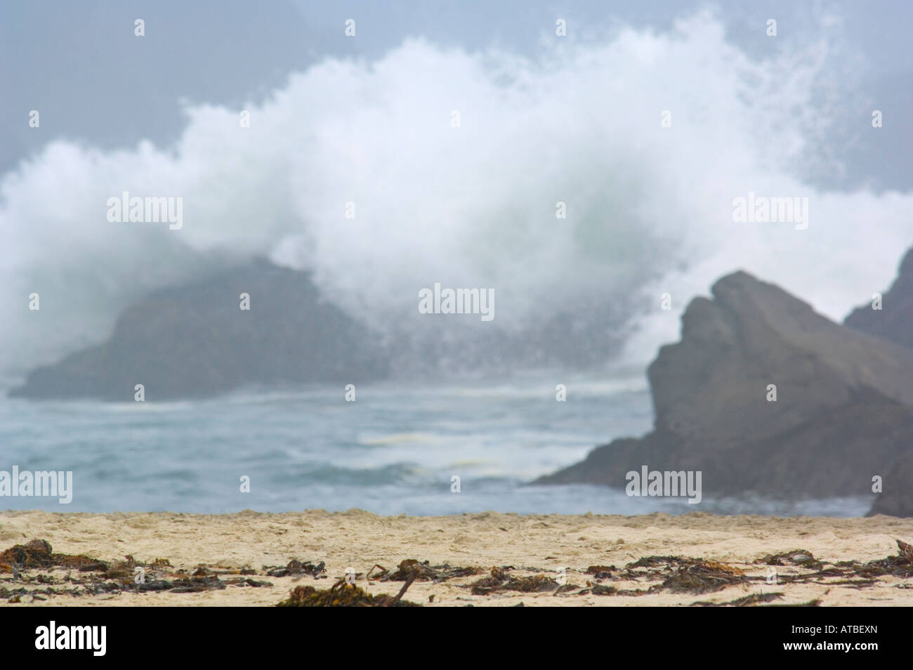 Ocean waves breaking over rocks along Pfeiffer Beach Big Sur Coast Monterey County California Stock Photo