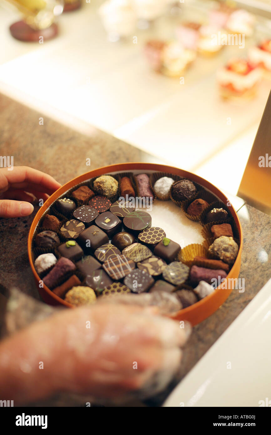 Chocolate assortment box in William Curley Chocolate shop Stock Photo