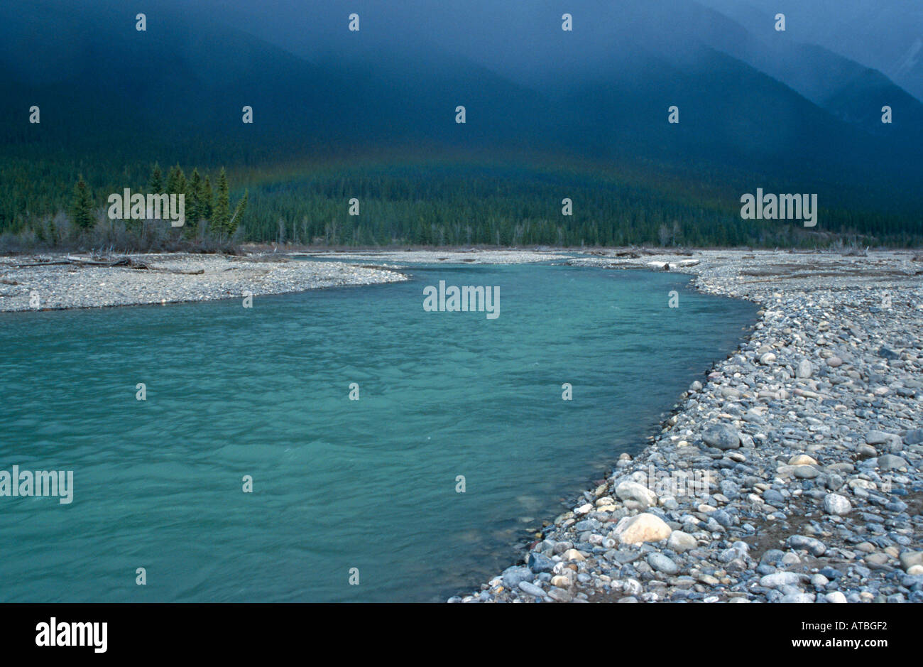 Regenbogen ueber dem Rocky River Rainbow over Rocky River Jasper NP Alberta Kanada Canada Stock Photo