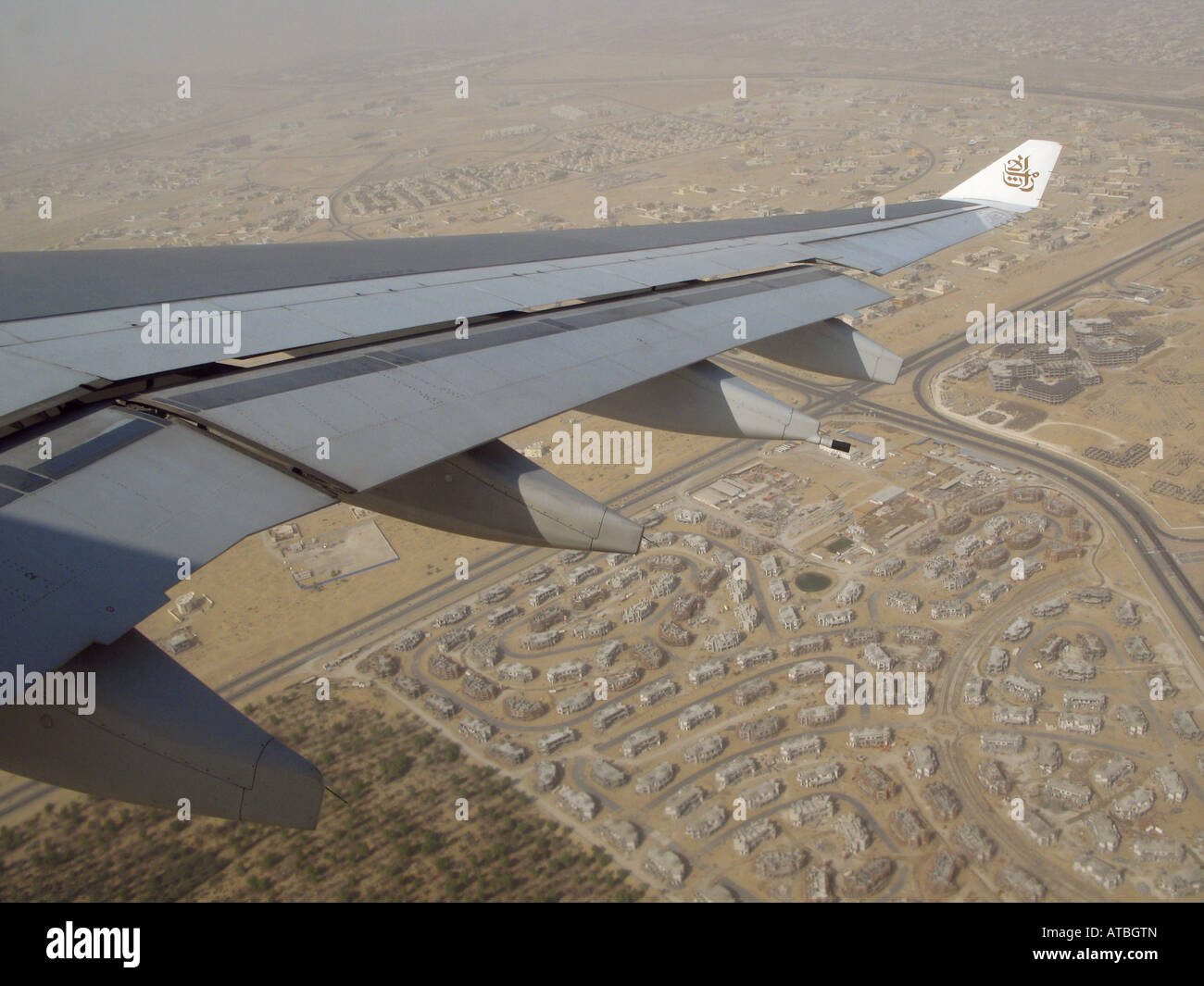 view to air foil of Boeing 767 landing in Doha, Qatar, Doha Stock Photo