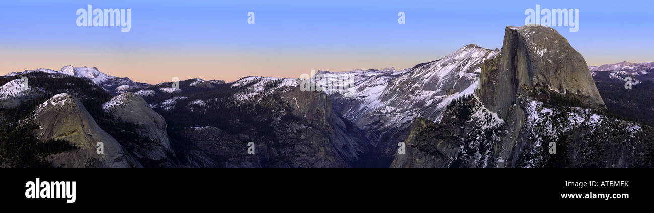 A panorama of Half Dome in Yosemite National Park at sunrise Stock ...
