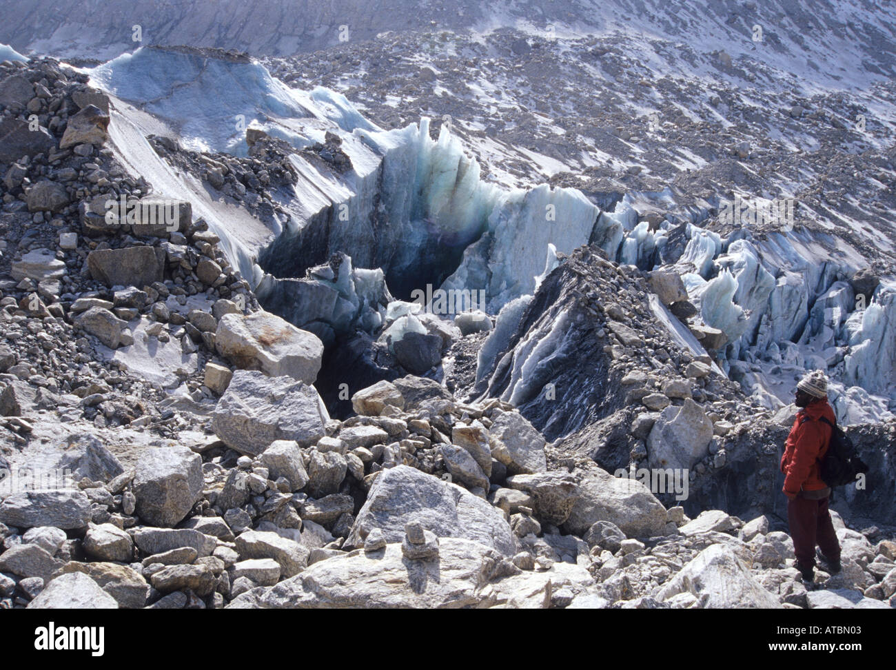Dangerous Ice Fall And Trekker Gangotri Glacier Himalaya Uttaranchal India Stock Photo Alamy