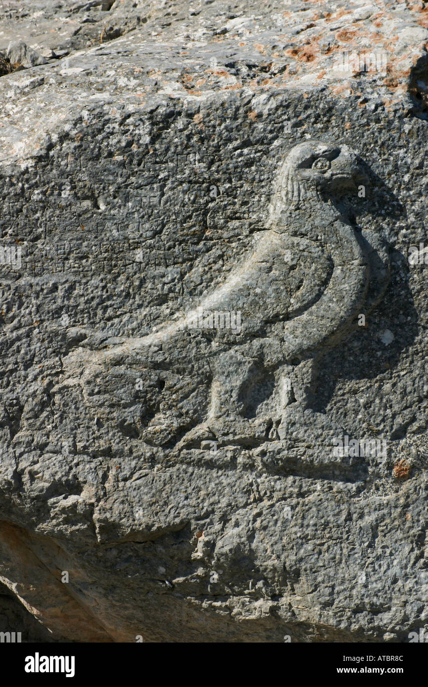Eagle symbol of Zeus in the Sanctuary of Artemidoros in ancient Thera, Santorini, Greece. Stock Photo