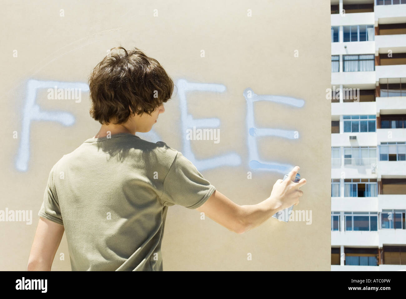 Teenage boy spray painting the word "free" on wall, rear view Stock Photo