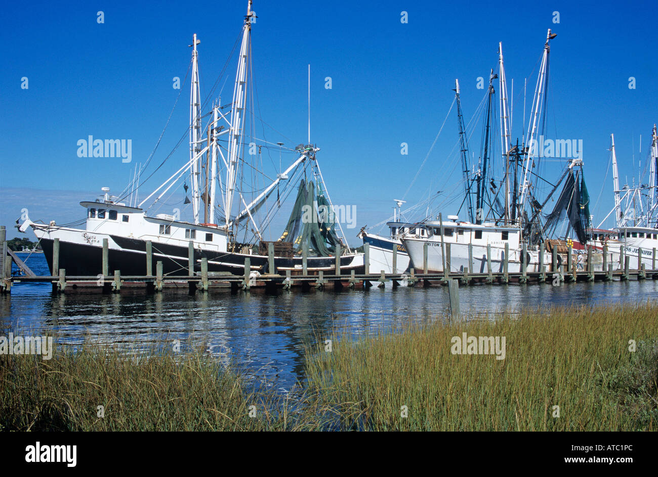 Large fishing boats tied up to pontoons at Mayport viewed across the rough grasses of the salt marsh fringing the Buccaneer Trail Stock Photo