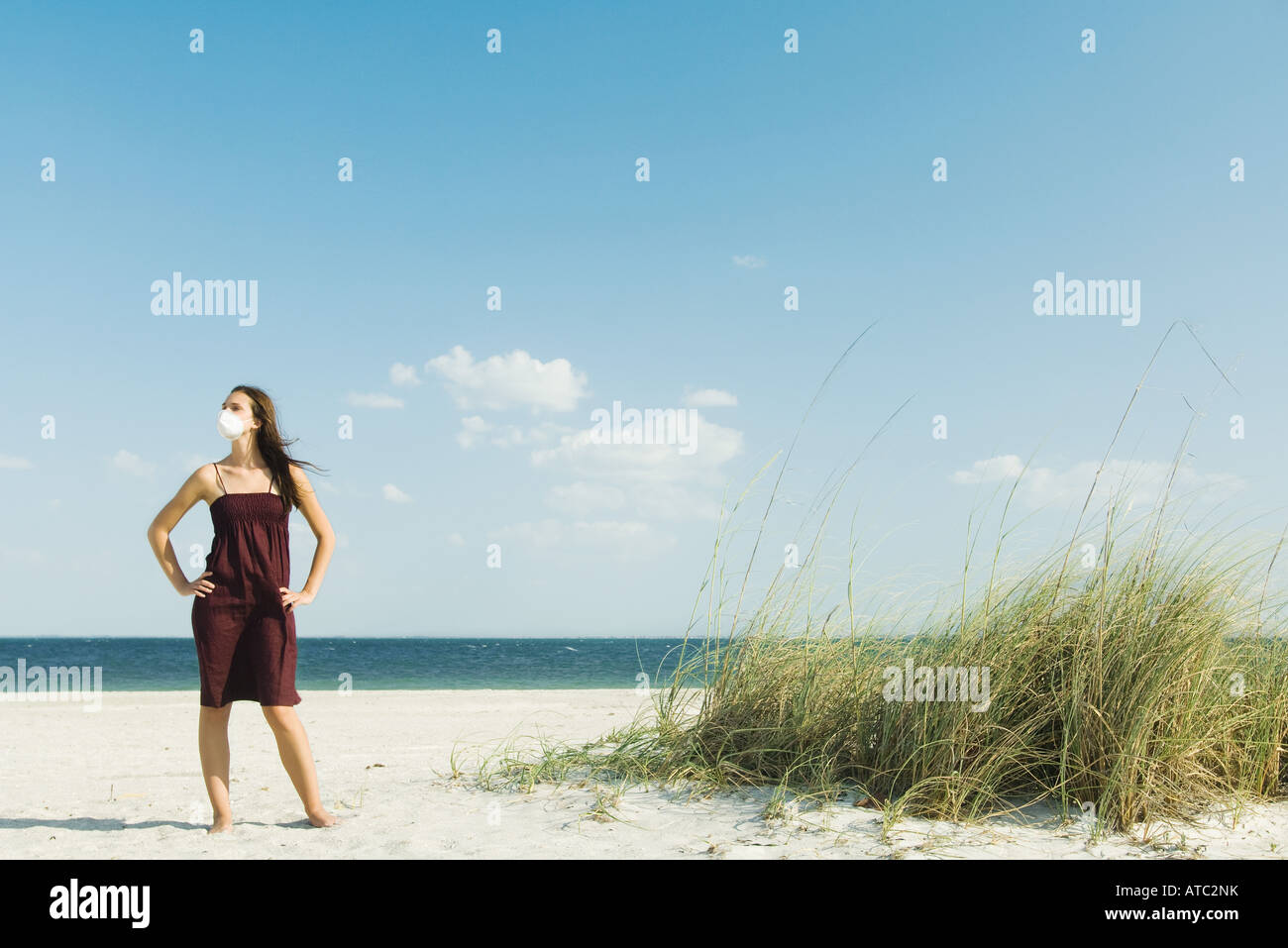 Woman standing on beach, wearing pollution mask Stock Photo