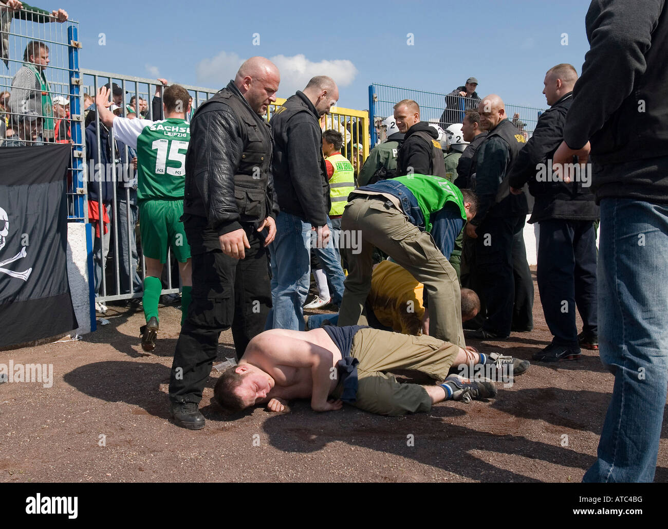 Fights during a local derby between FC Magdeburg and FC Saxony Leipzig, Germany Stock Photo