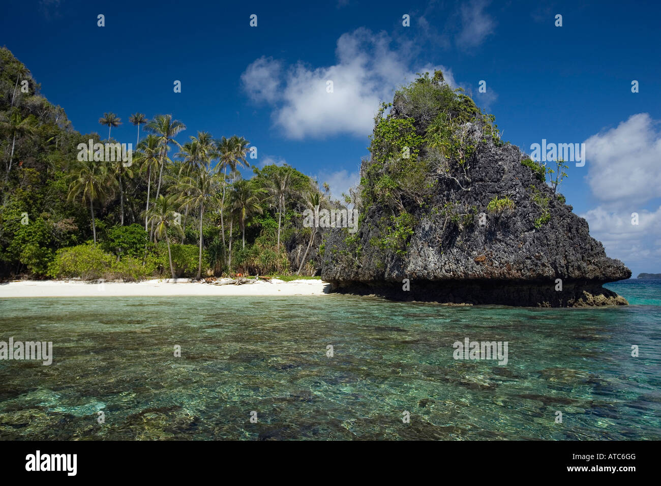 Beach on the Farondi Islands group Misool Raja Ampat Irian Jaya West Papua Pacific Ocean Indonesia Stock Photo