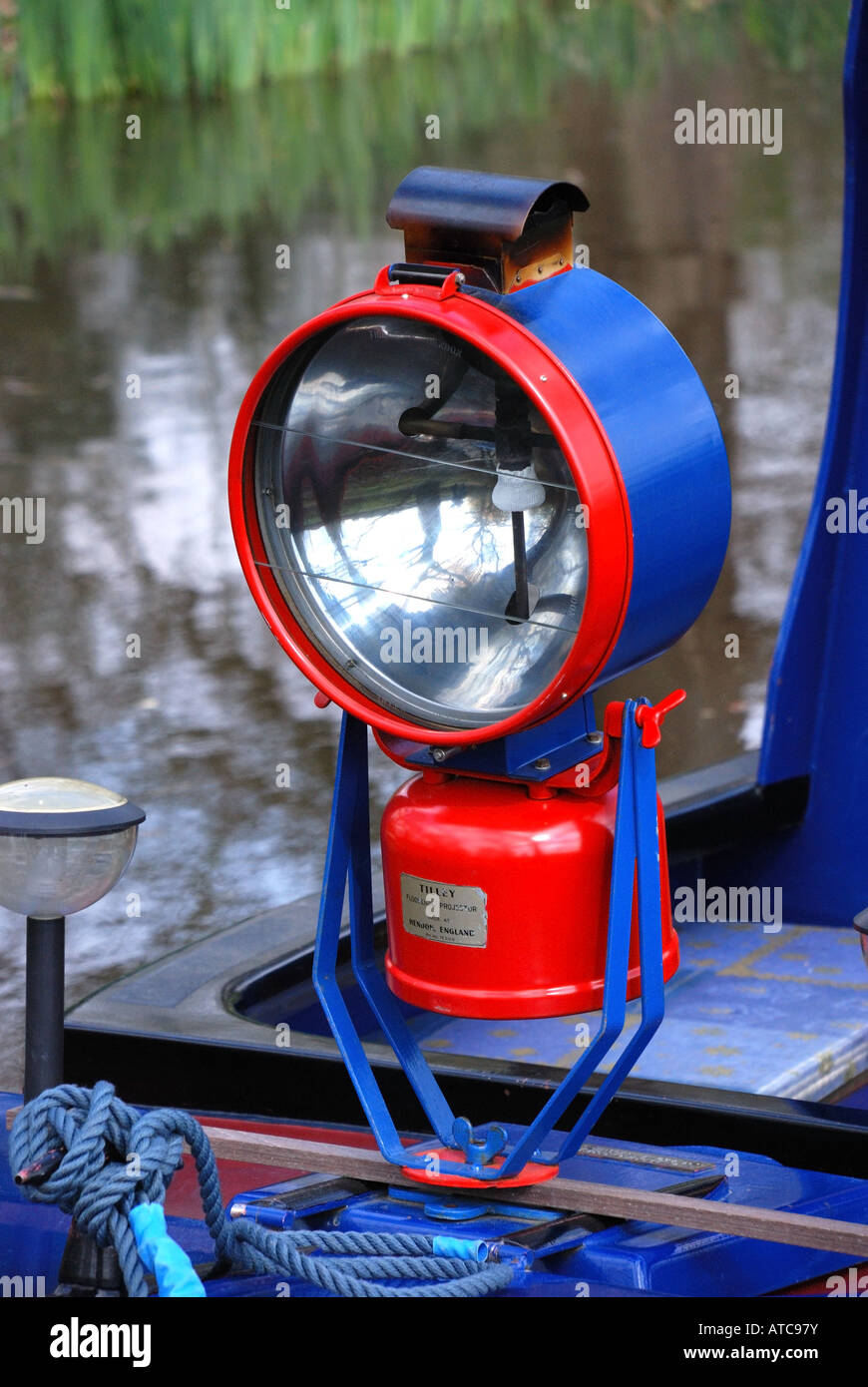 Tilley floodlight on the front of a narrowboat canal boat at the Woking canal festival 2007 Basingstoke canal Woking Surrey UK Stock Photo