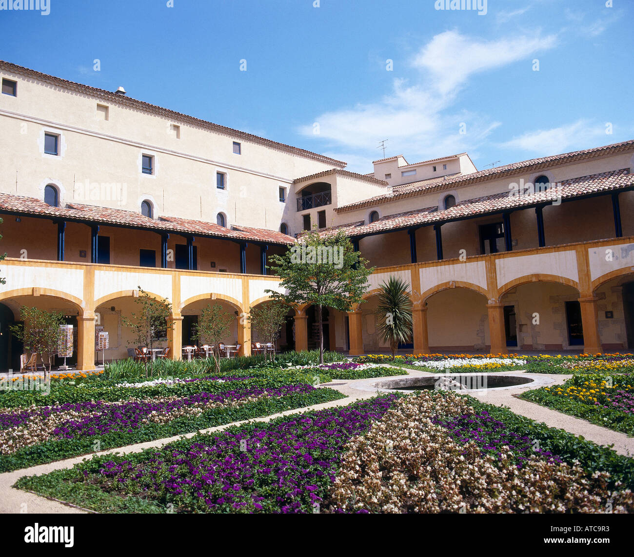 Flowerbeds arranged in a formal pattern in the arcaded courtyard of the Espace Van Gogh a cultural centre founded in the former hospital where the artist was a patient in 1889 Arles Stock Photo