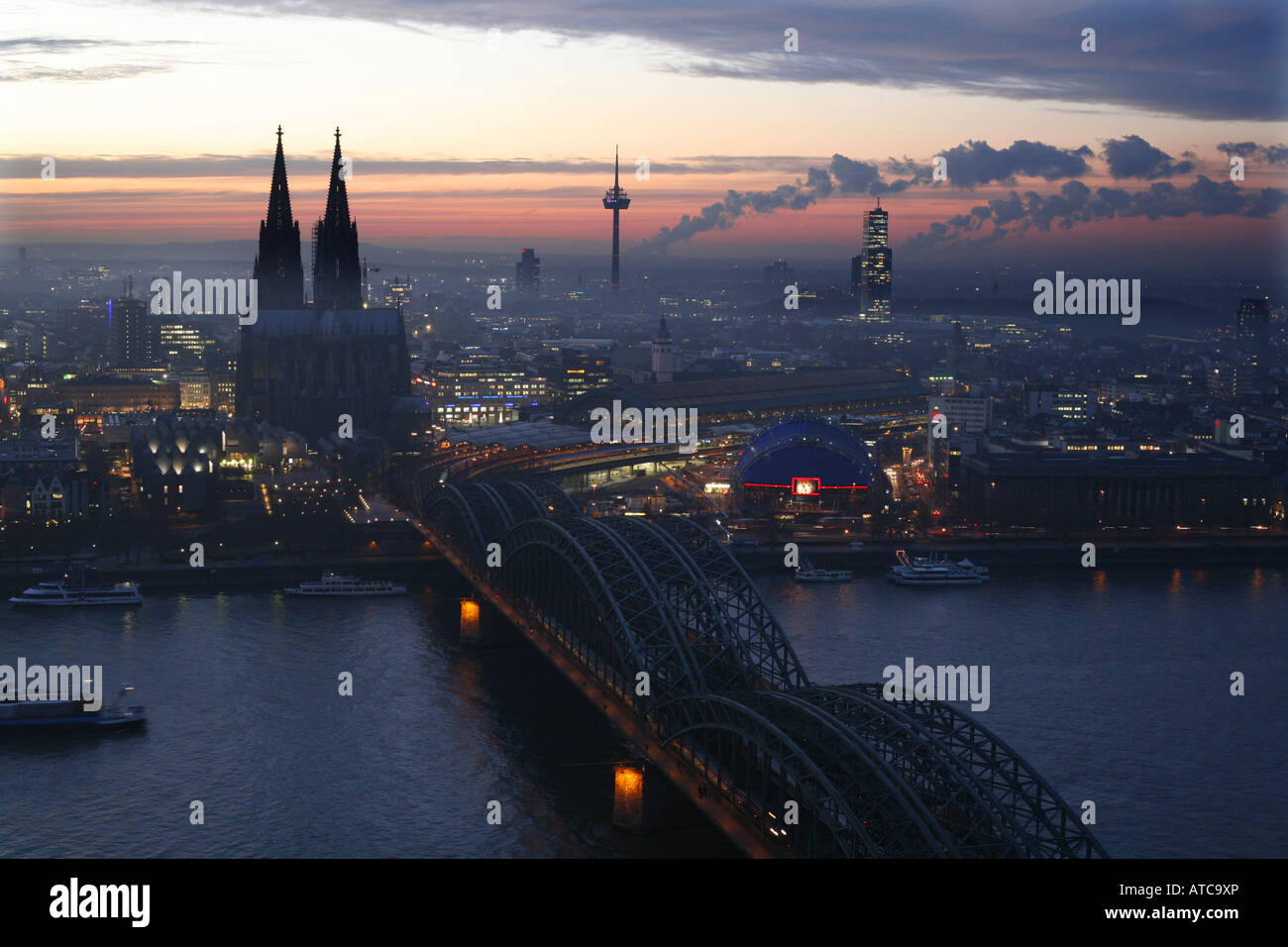 view from Koeln Triangel on Hohenzollern bridge and Cologne Cathedral, Koelner Dom, Germany, North Rhine-Westphalia, Koeln Stock Photo