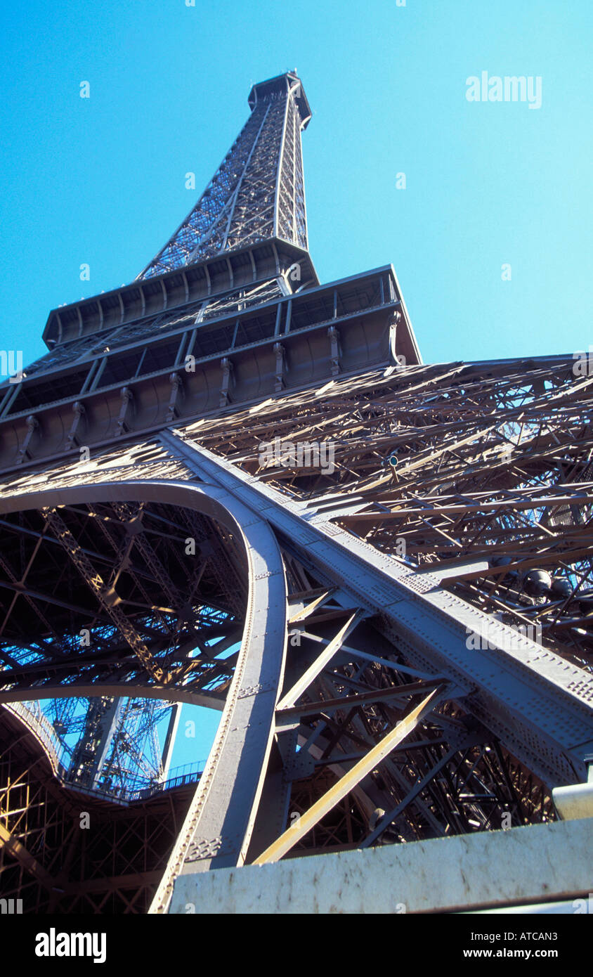 A view skywards from the bottom of the Eiffel Tower Paris Stock Photo