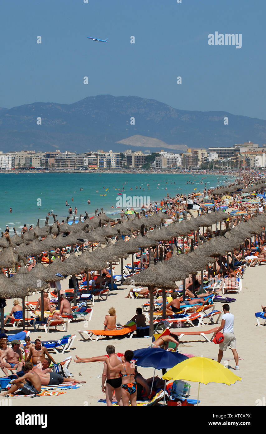 Beach full of tourists, Majorca, Spain Stock Photo