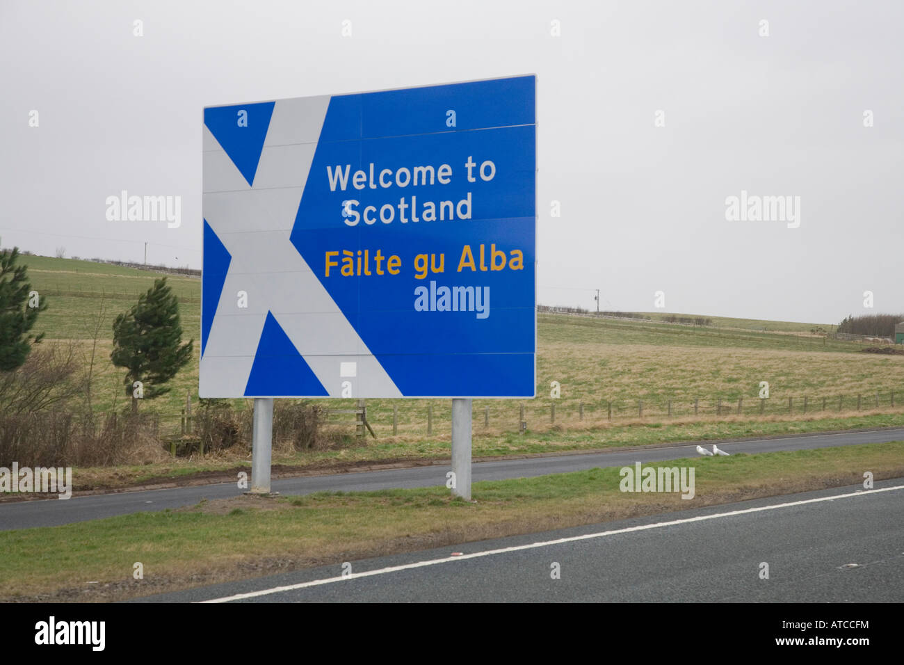 Welcome to Scotland, gaelic translation. Saltire St Andrew's cross sign on A1 dual carriageway, Scottish Border sign at Berwick on Tweed, UK Stock Photo