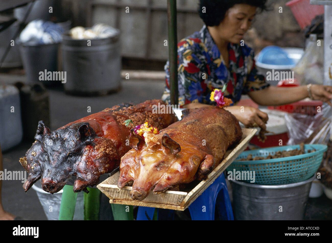 Roast whole pig served as a treat during the celebrations of the three day Tet festival the biggest event on the Vietnamese Calendar Ho Chi Minh City Stock Photo
