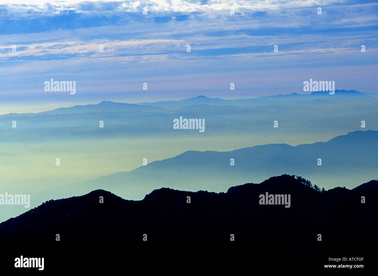Foreground San Gabriel Mountains Middle Verdugo Mtns Top rear Santa Monica Mtns Viewed from Mount Wilson in Southern California Stock Photo