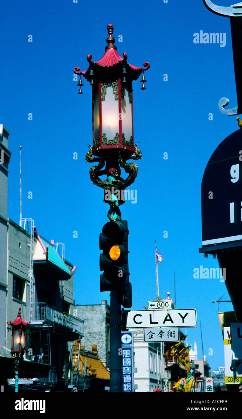 lamp and traffic signal on Clay Street in Chinatown San Francisco