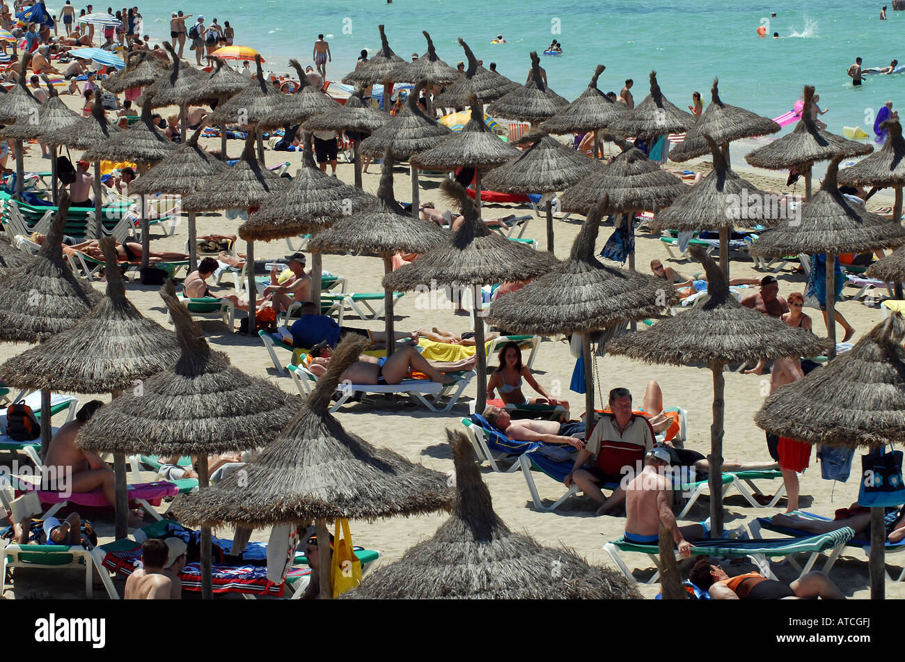 Beach full of tourists, Majorca, Spain Stock Photo