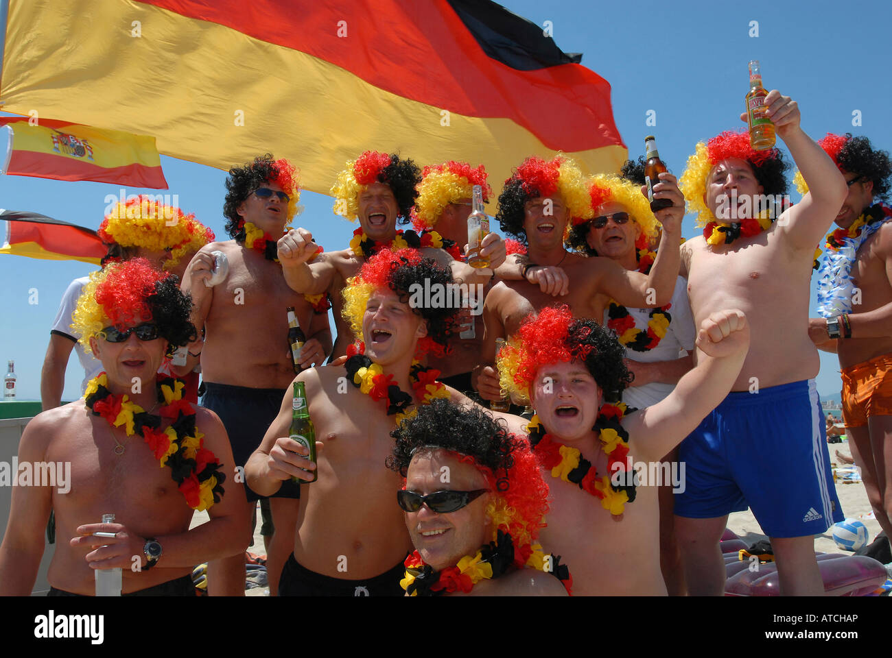 German football fans cheering for their team during the 2006 FIFA World Cup, Majorca, Spain Stock Photo
