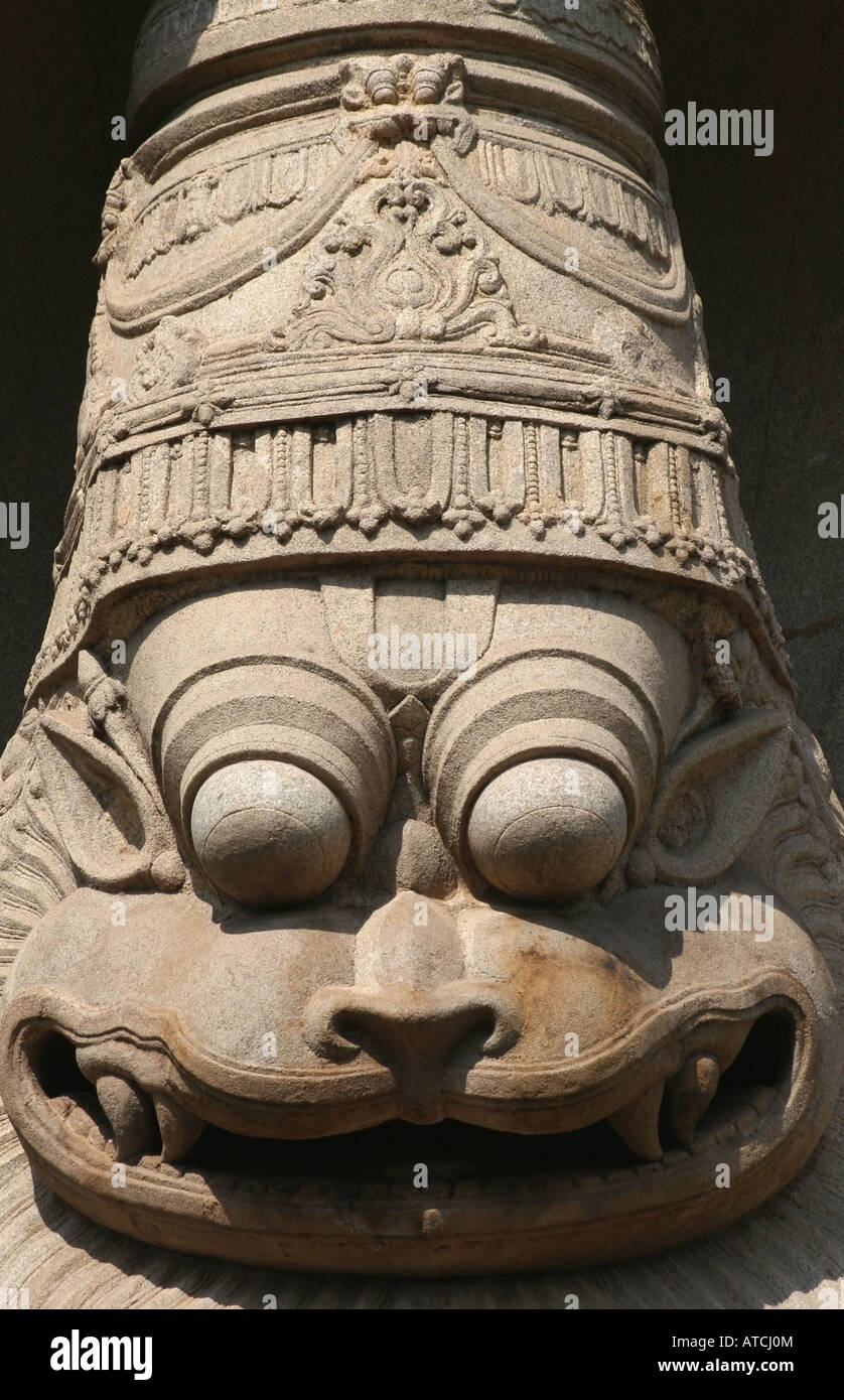 Face of the 22 feet or 6.7 metre tall colossus of Ugra Narasimha , Hampi , Karnataka , India Stock Photo