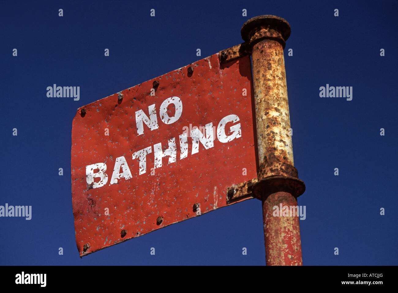'No Bathing' sign at beach Stock Photo