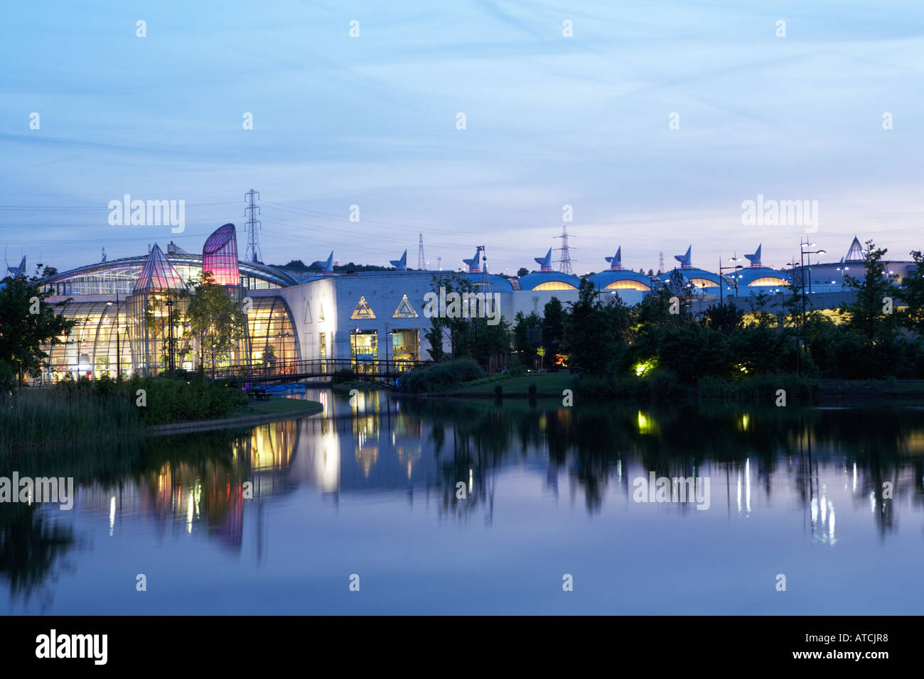 Bluewater retail park near Dartford seen over the lake at nightfall 3 Stock Photo